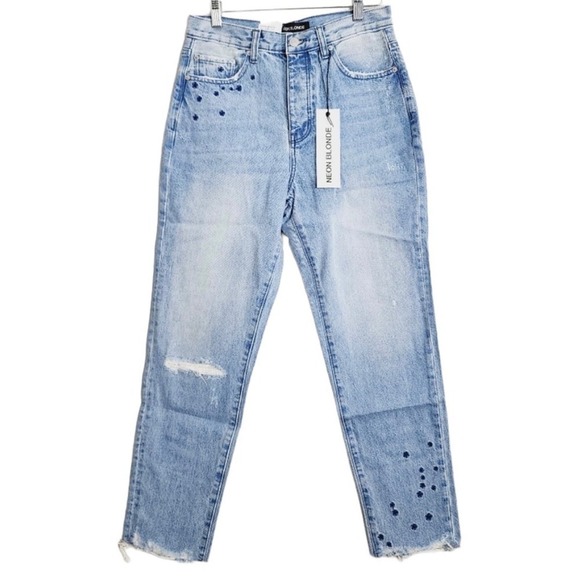 Neon Blonde NWT Size 26 Blue Siren Jeans High Rise Distressed Raw Hem Embroidery - Picture 2 of 14